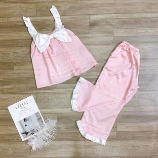 Set lửng mặc nhà lụa mềm mịn cánh tiên phối nơ