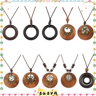 Vòng Cổ Dây Da Mặt Gỗ Cổ Điển Cho Nữ