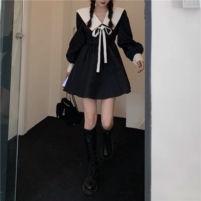 Đầm baby doll phối cổ v đầm dáng xoè đen trắng