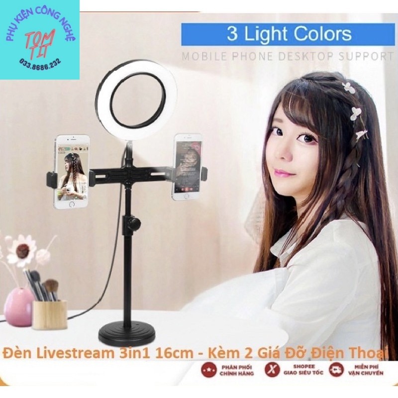 Đèn livestream 3 in 1, điều chỉnh 3 chế độ, kèm kẹp 2 điện thoại