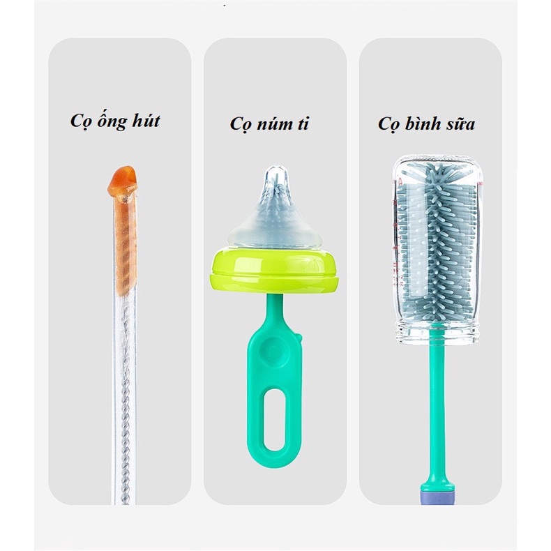 Bộ Cọ rửa bình sữa cọ núm ti Silicon và cọ ống hút BeeDoll 3 Ch Tiết Cao Cấp (Tặng kèm giá đỡ thoát nước)