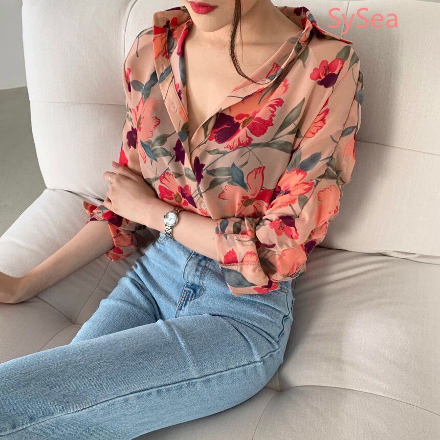 Áo Kiểu Chất Chiffon Tay Dài Hoạ Tiết Hoa Có Size Lớn