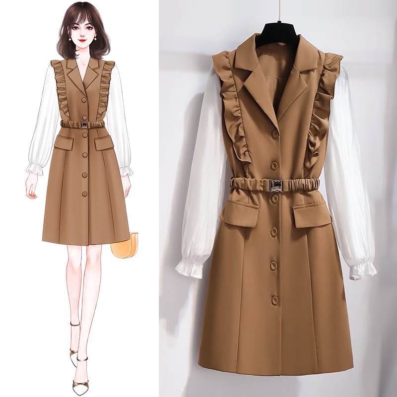 ĐẦM VIỀN TAY BÈO PHỐI 2 MÀU NÂU - ĐEN