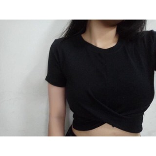 Áo phông nữ xoắn gấu cổ tròn, áo croptop body xoắn eo ngắn tay thời trang hot hit