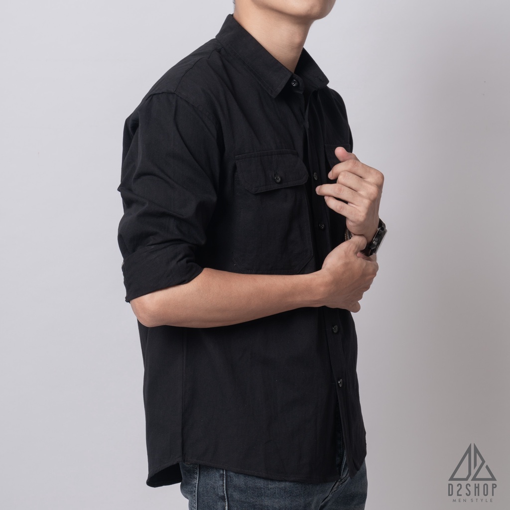 Áo sơ mi D2shop, áo sơ mi nam dài tay vải kaki túi hộp, màu đen