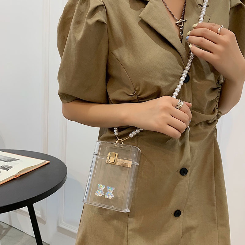 Túi đeo chéo Mini trong suốt phối dây xích thời trang mùa hè Hàn Quốc 2021