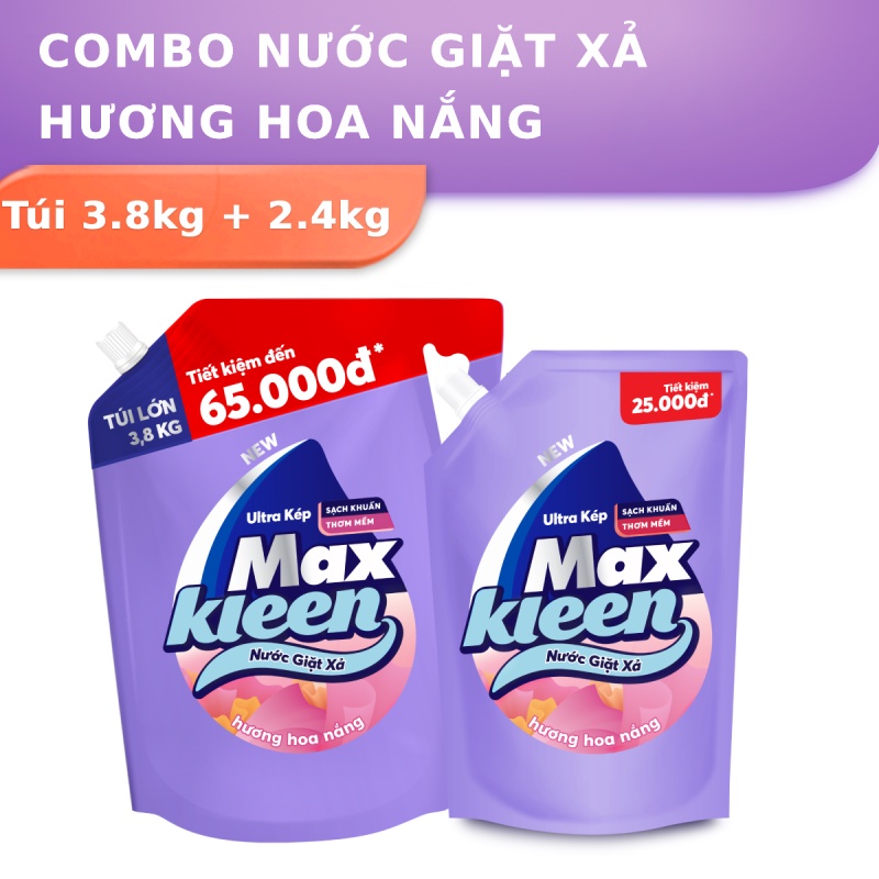 Combo 2 Túi Nước Giặt Xả MaxKleen Hương Hoa Nắng 3.8kg + 2.4kg