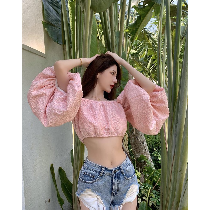 Áo bẹt vai áo trễ vai áo tay bồng khoe eo Áo Kiểu Trễ Vai Tay Phồng Ngắn Màu Hồng Thời Trang Mùa Hè Dành Cho Nữ Mã 2022