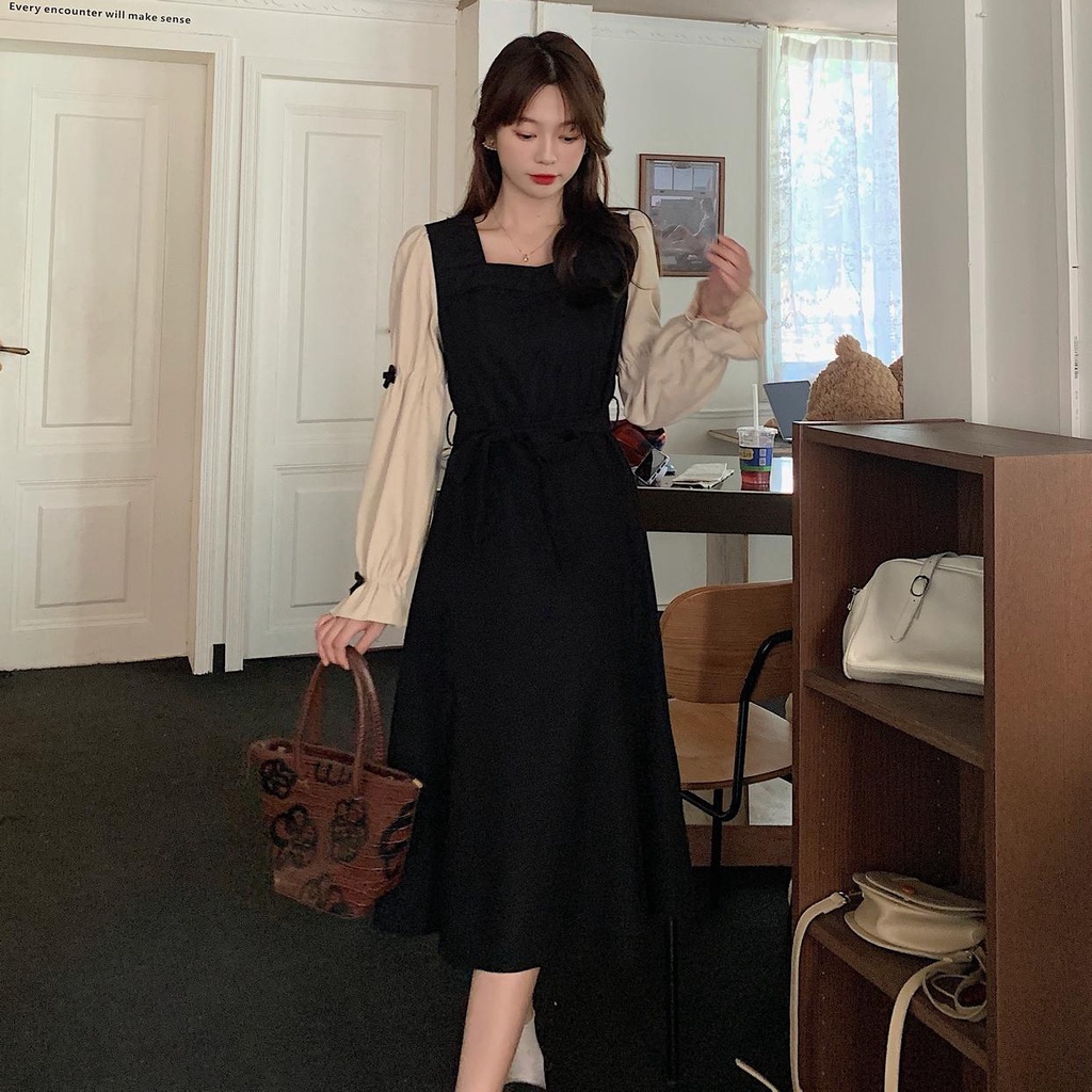 Đầm Tay Phồng Cổ Vuông Thiết Kế Mới Thời Trang Mùa Thu Dành Cho Nữ