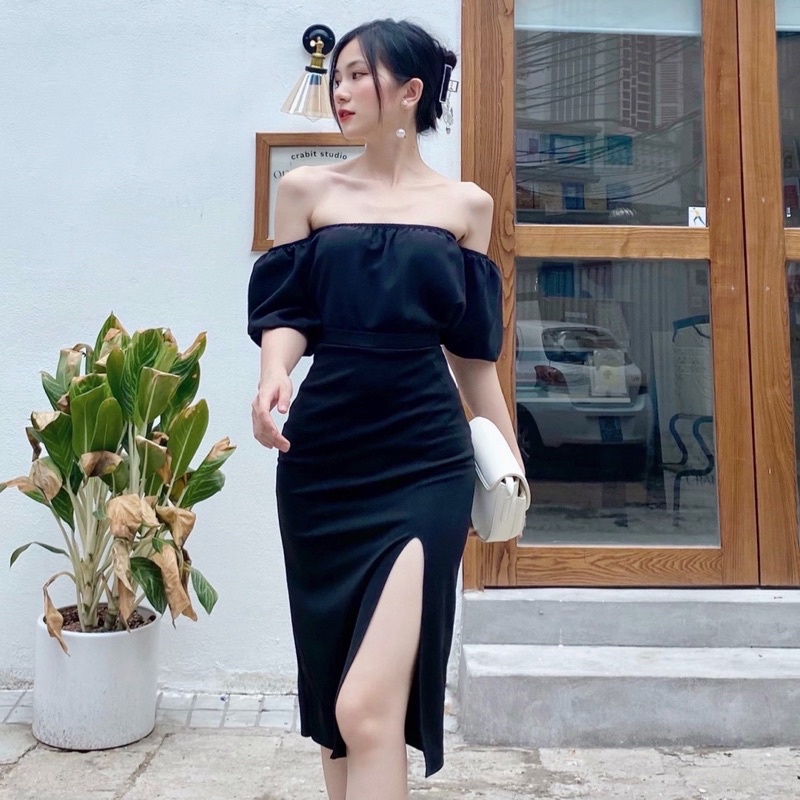 Set váy thiết kế Simee áo trễ vai mix chân váy xẻ tà