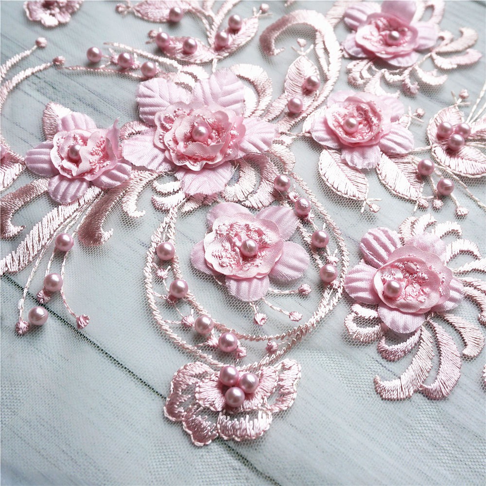 Vải Ren Màu Hồng Thêu Hoa Đính Ngọc Trai Dùng May Váy Cưới diy