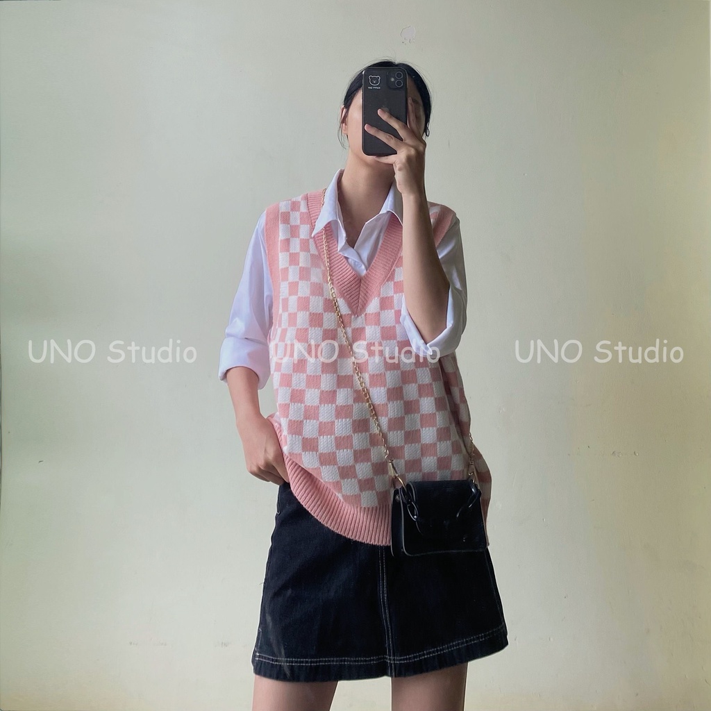 Áo gile len hoạ tiết caro đủ màu phong cách Hàn Quốc