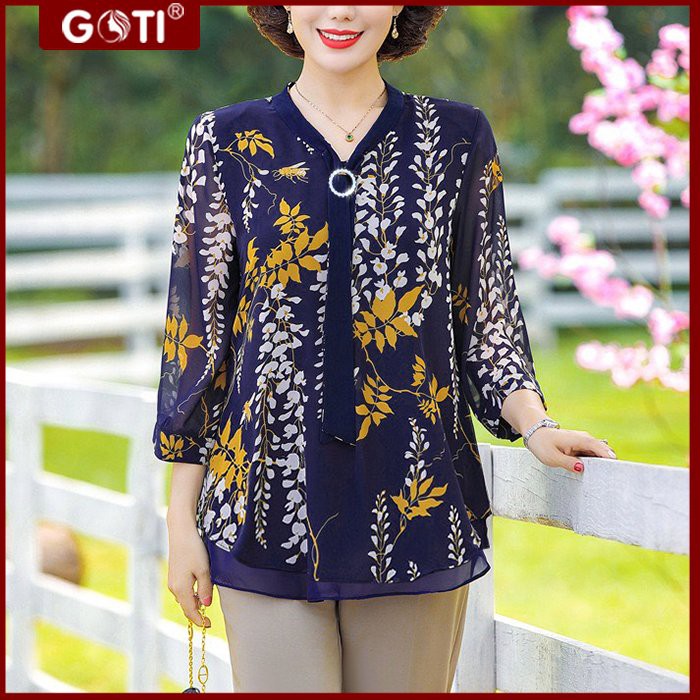 GOTI - Áo Trung Niên Kiểu Nữ Cổ Thắt Nơ Dáng Suông Vải Voan 2 Lớp Tặng Mẹ U50 U60 3A20 3A08 3A14