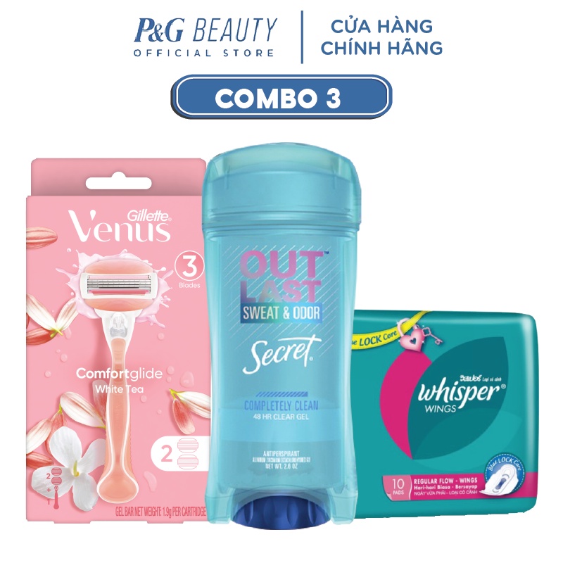 Combo P&amp;G: Bộ dao cạo Venus, Gel khử mùi Secret 73g - Completely Clean, Băng vệ sinh Whisper 10 miếng