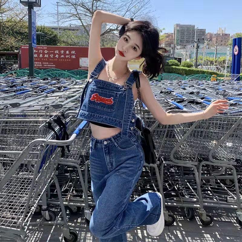 Set Áo Thun Ngắn Tay Cổ Tròn + Quần Yếm Denim Ống Rộng Xẻ Tà Thời Trang Mùa Hè Mới