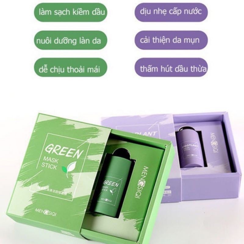 Mặt nạ trà xanh &amp; cà tím dạng lăn giảm mụn đầu đen làm sáng da EGGPLANT MENSIQI STICK