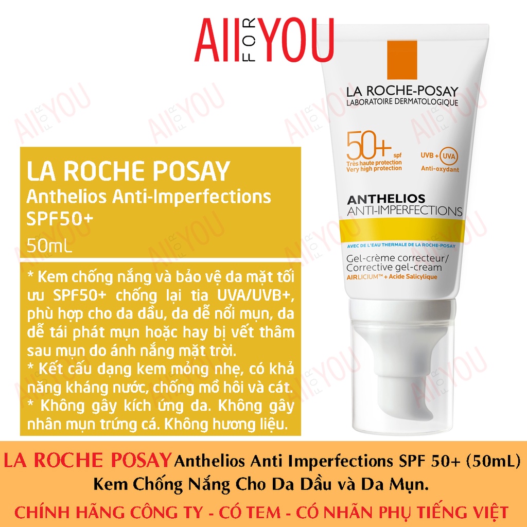 [CHÍNH HÃNG CÓ TEM] La Roche Posay Anthelios Anti Imperfections SPF 50+ (50mL) - Kem Chống Nắng Cho Da Dầu và Da Mụn.