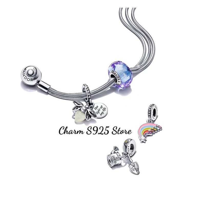charm pan treo bộ dụng cụ làm vườn bình hoa và xẻng bạc s925