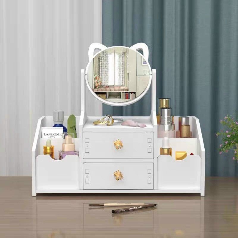 Kệ mỹ phẩm 2 tầng kèm gương trang điểm tai mèo chất liệu gỗ