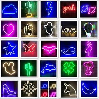 Đèn led neon trang trí phòng ngủ phòng game treo tường nhiều mẫu kèm sẵn móc treo dùng pin hoặc cổng usb