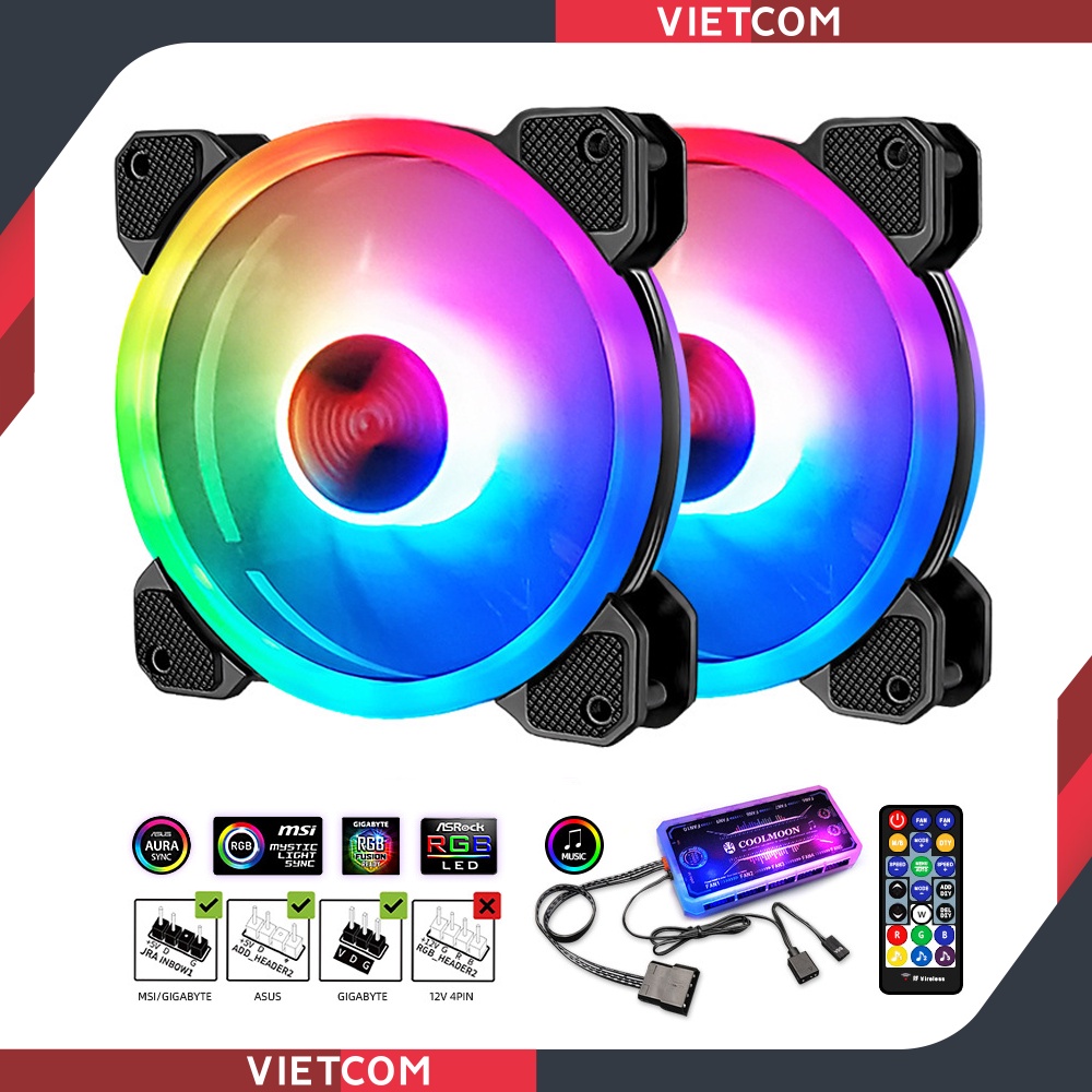 [ BỘ 2 FAN + HUB ] Fan Led RGB Coolmoon V4 + Bộ Hub Coolmoon và điều khiển