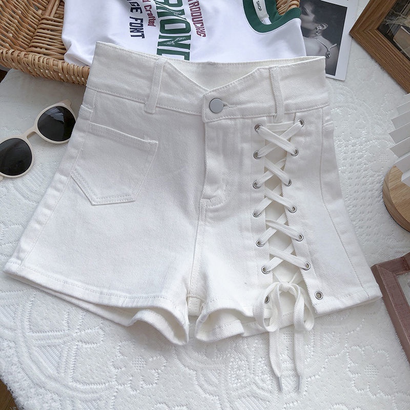 Tie cross-waist large-size denim wide-leg shorts women's 2022 summer dress Korean version show thin A hot pants trend