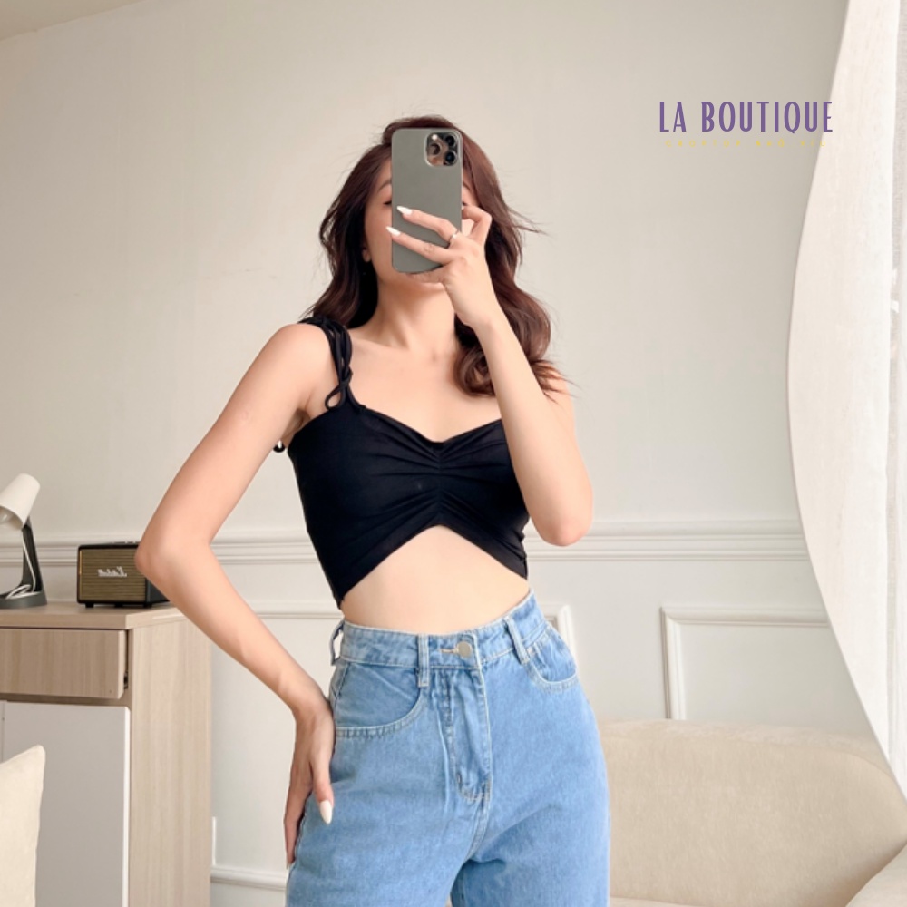 Áo hai dây nhún ngực cột vai La Boutique màu đen thun ATY  cao cấp form croptop dễ phối dồ đi dạo phố