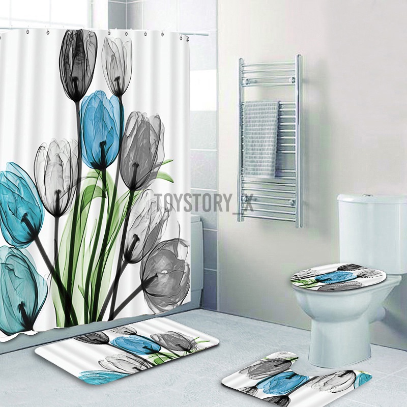 Bathroom Shower Curtain Tulip Floral Anti-slip Rug Toilet Cover Mat Home Sets