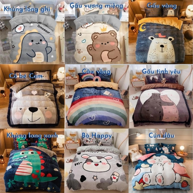 Bộ chăn ga gối nỉ nhung 3D cao cấp 2020, bộ nỉ nhung dày ấm - nhắn chọn mẫu