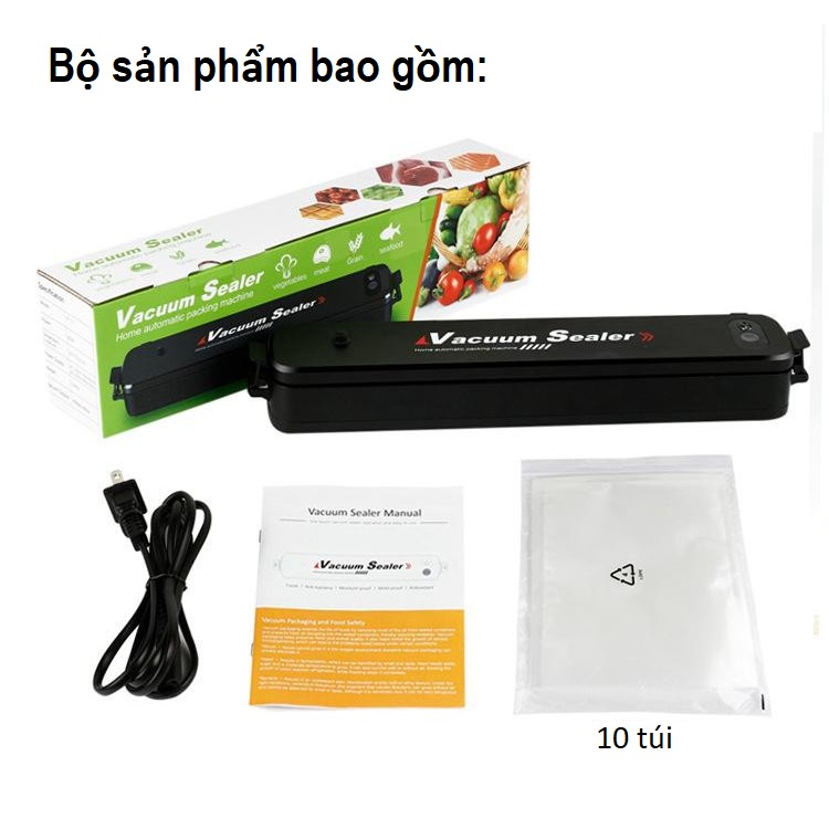 Máy Hút Chân Không thực phẩm, hàn miệng túi Vacuum Sealer dùng cho gia đình, hút khỏe, hết khí + Tặng 10 túi hút