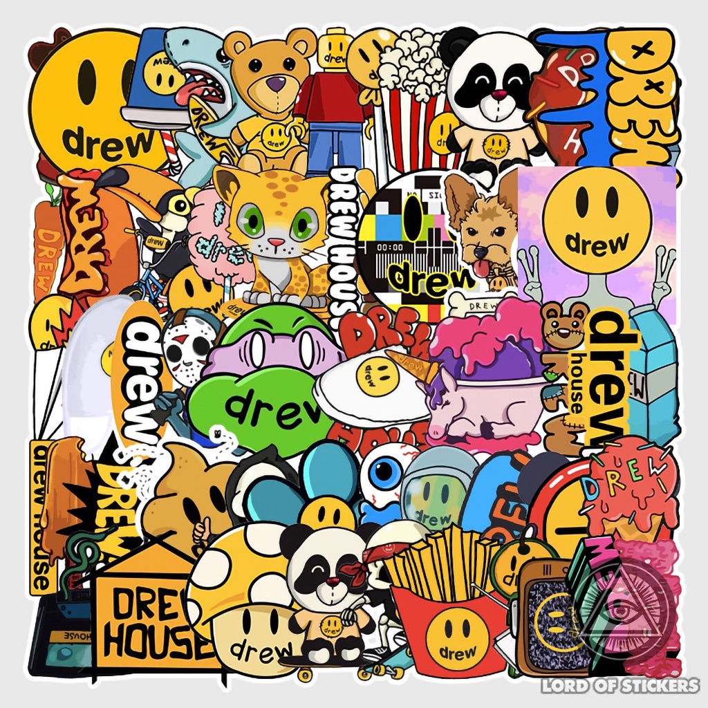 Set 54 Sticker DREW Cực Chất, Hình Dán Drew House Justin Bieber Chống Thấm Nước Trang Trí Mũ Nón Bảo Hiểm, Laptop, Vali