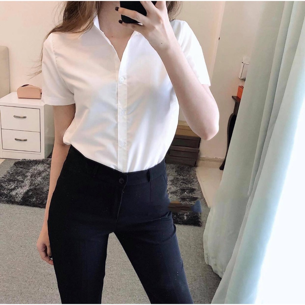 Áo sơmi nữ sơmi tay ngắn công sở trắng tay uni CHIBEST_AB192