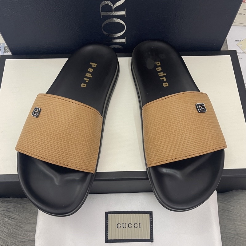 Dép quai ngang vàng G pedro vàng nam kèm video) đôn trề da bò đen