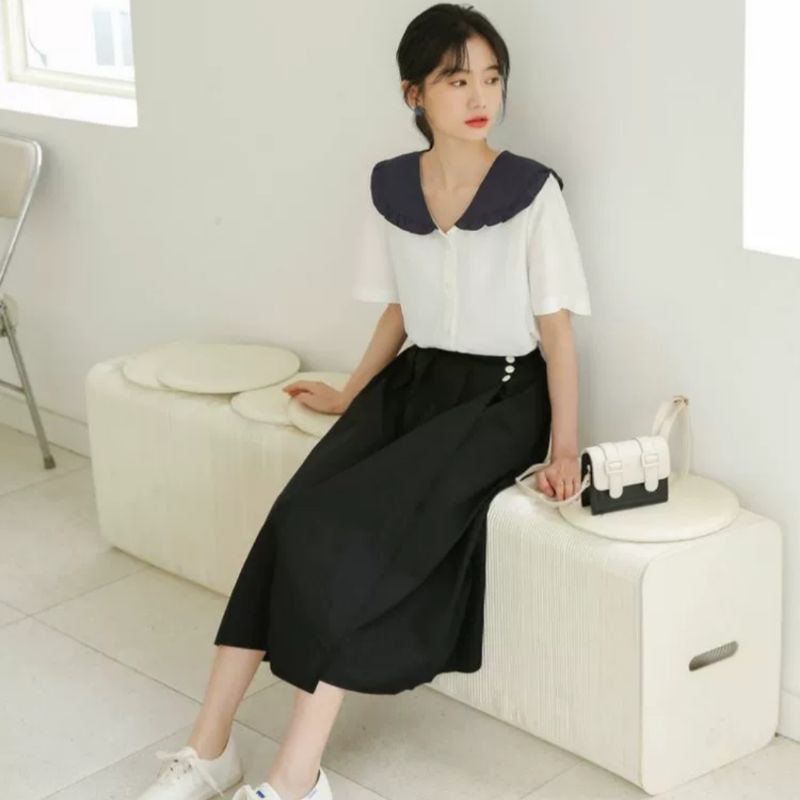 áo sơ mi cổ bèo phối màu tiểu thư ảnh thật