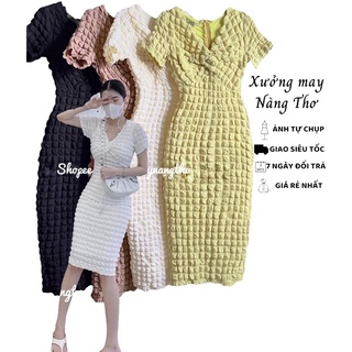 [1tặng1-Clip tự quay] Đầm xoắn ngực tay ngắn chất xốp nổi 2 lớp có dây kéo