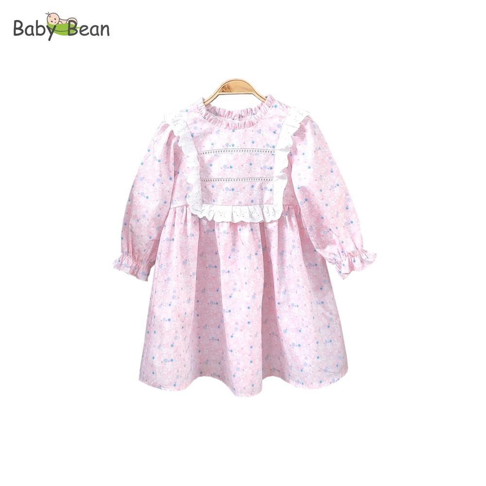 [MÃ THƯƠNG HIỆU UY TÍN Voucher giảm 10%] Đầm Cotton Cao Cấp Cổ Ren Bèo Dọc Nhún Eo Bé Gái BabyBean