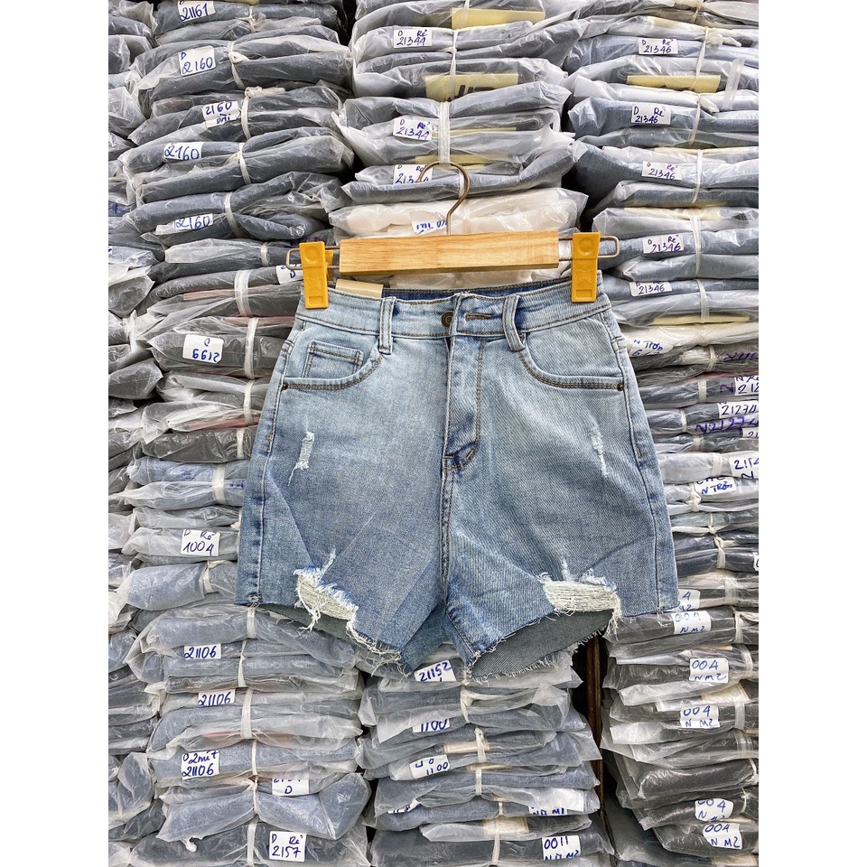 Quần short jean nữ BigSize lưng cao trên rốn, co dãn mạnh, rách loang tua lai dành cho người béo 60kg~90kg 3949