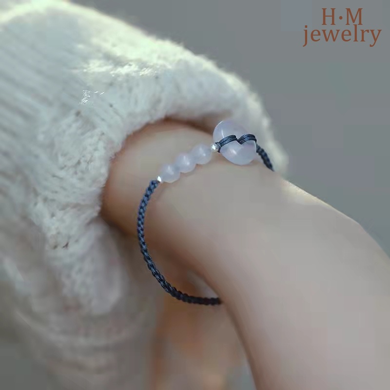 Vòng Tay Dây Bện Đính Hạt Ngọc Bích Màu Xanh Dương Mang Lại May Mắn Ins Hetian