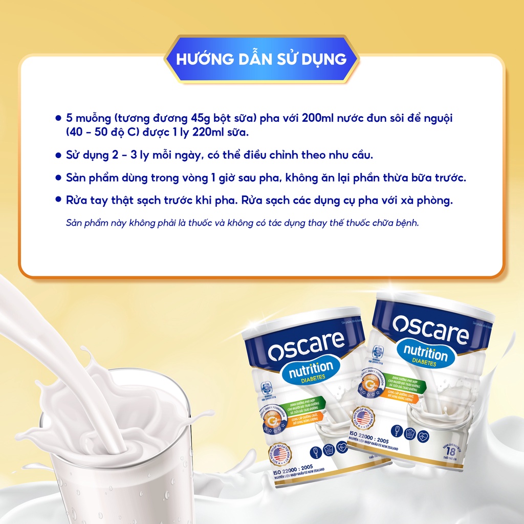 Sữa Cho Người Tiểu Đường OSCARE Nutrition Diabetes Giúp Ổn Định Đường Huyết, Ăn Ngon Ngủ Ngon Hộp 900g