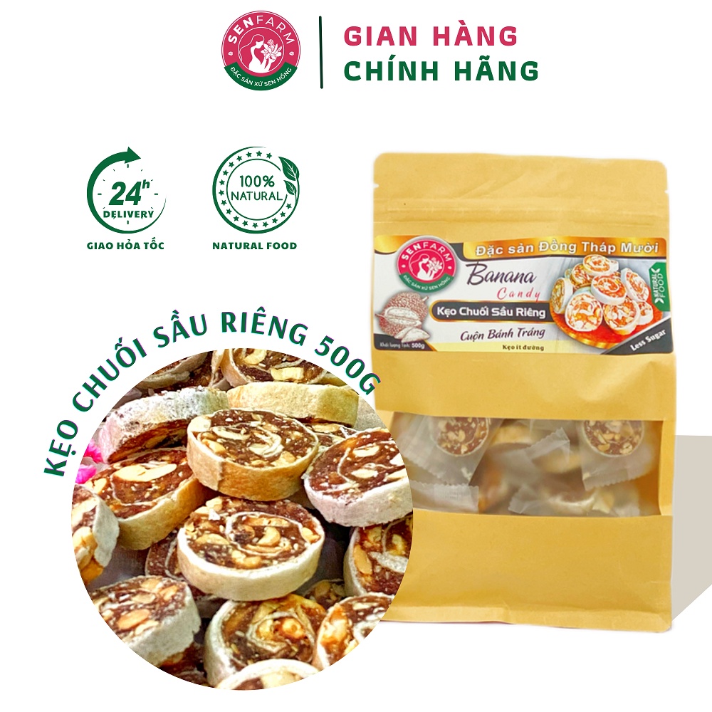 Kẹo chuối Sầu Riêng cuộn bánh tráng Senfarm ít đường bịch 500g