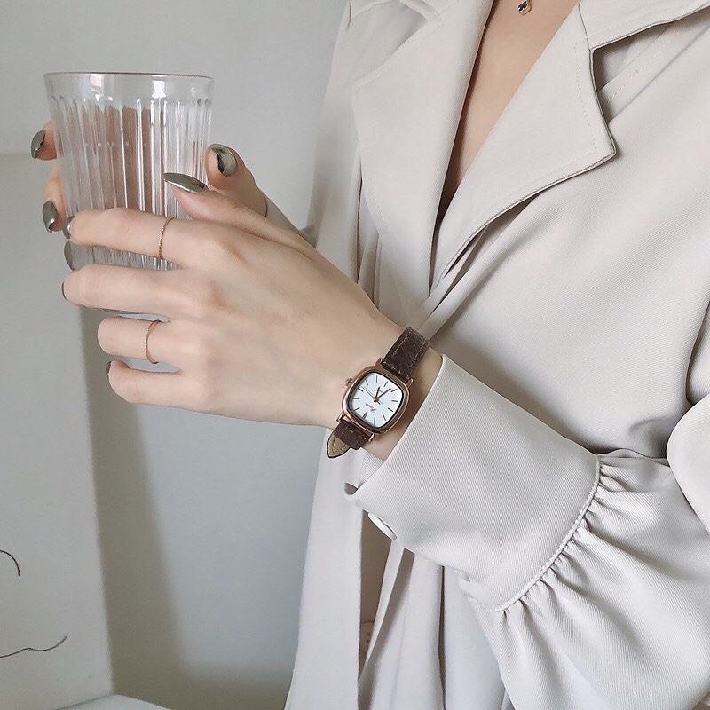 Đồng hồ nữ RATE mặt vuông màu nâu mặt trắng 22mm nhỏ xinh - gói quà miễn phí