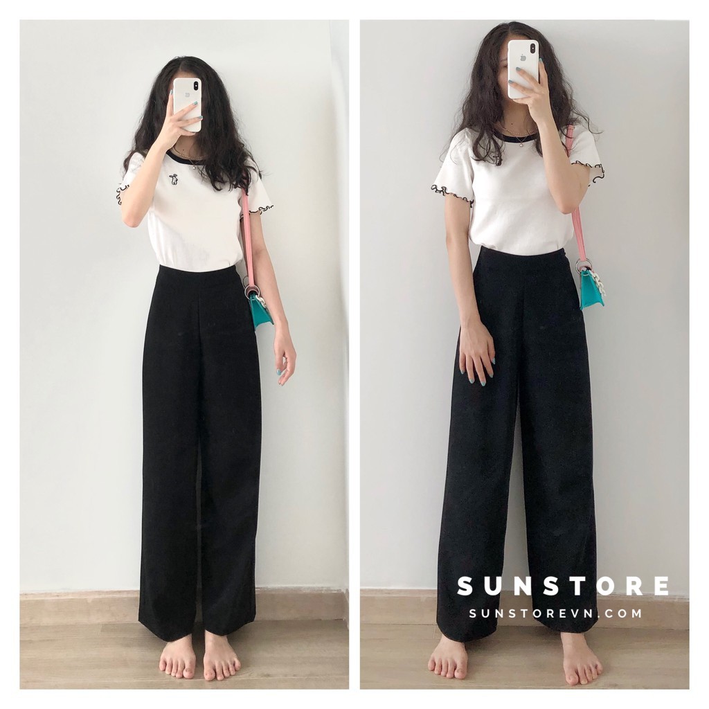 Quần ống rộng culottes suông dài chất dày lưng cao 2 màu đen be (Tất cả là hình thật).