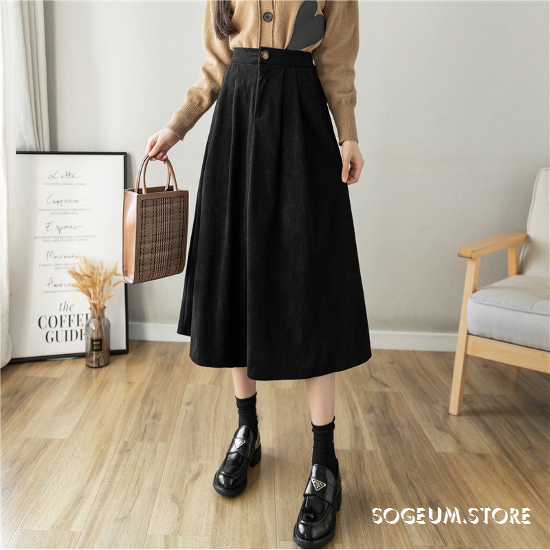 Chân váy dài lưng cao chất nhung tăm, chân váy dáng xòe tiểu thư vintage - sogeum.store | BigBuy360 - bigbuy360.vn