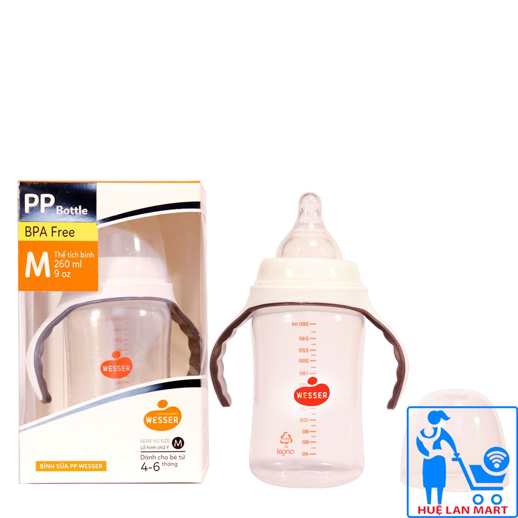 Bình Sữa PP Wesser Cổ Rộng 260ml (Màu Vàng)
