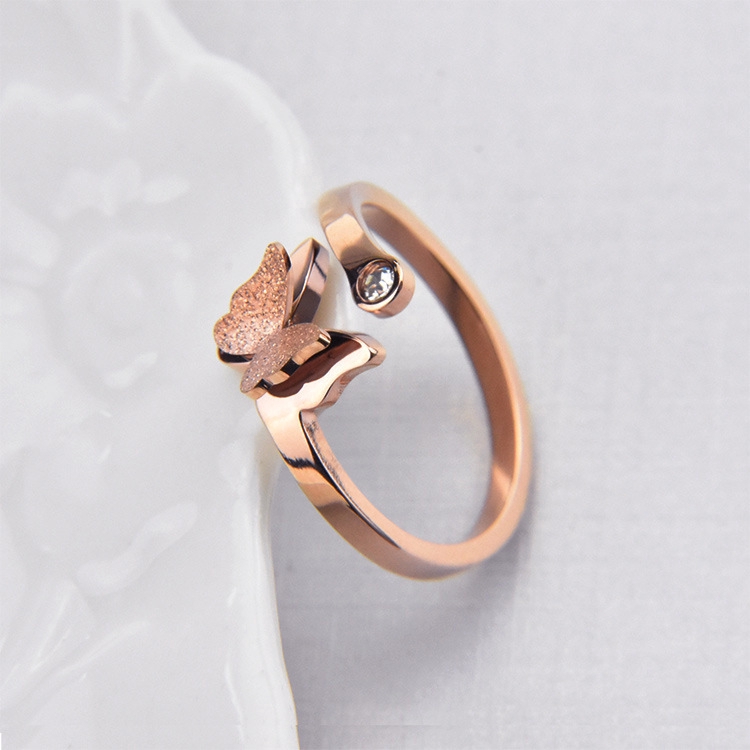 Butterfly Diamond Open Ring Rose Gold Scrub Couple Titanium Steel Ring
