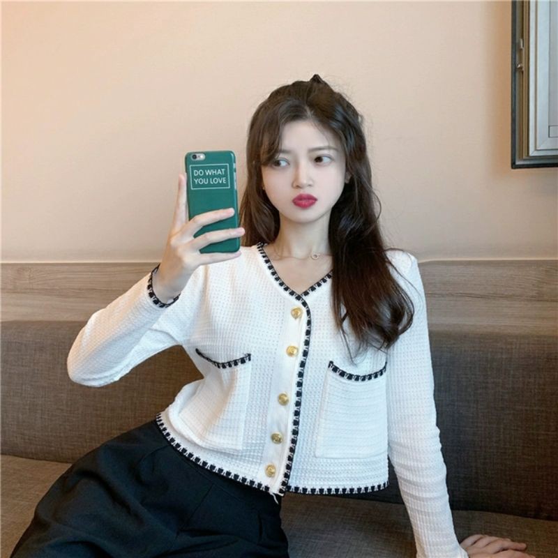 Áo khoác cardigan thun len cổ tim phong cách hàn quốc 2021
