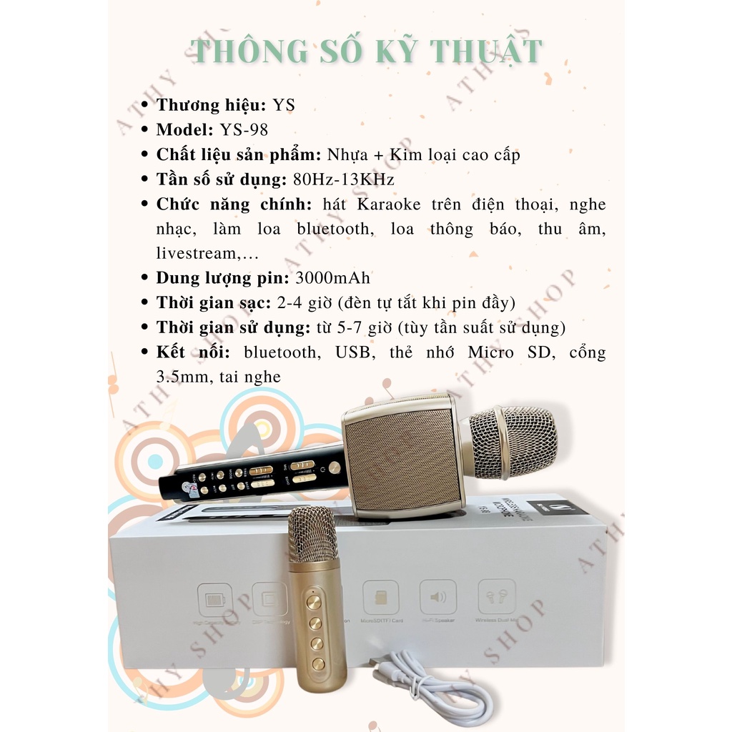 MIC KARAOKE BLUETOOTH YS-98 CÓ MIC PHỤ SONG CA KHÔNG DÂY TIỆN LỢI, mic chống hú không rè volume lớn nhạc to rõ sống động