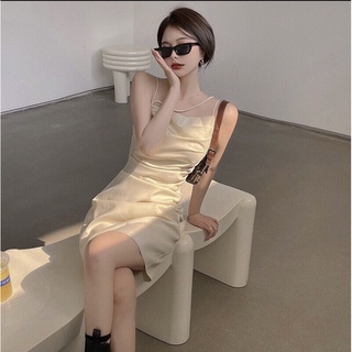 Váy hai dây chữ A trơn xếp li eo