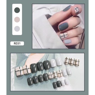 Set 24 móng tay giả họa tiết 3D cao cấp kèm keo dán họa tiết xanh kẻ caro 031
