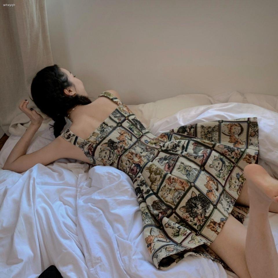Đầm Hai Dây Dáng Ôm In Họa Tiết Mèo Phong Cách Retro Quyến Rũ Thời Trang Mùa Hè Mới